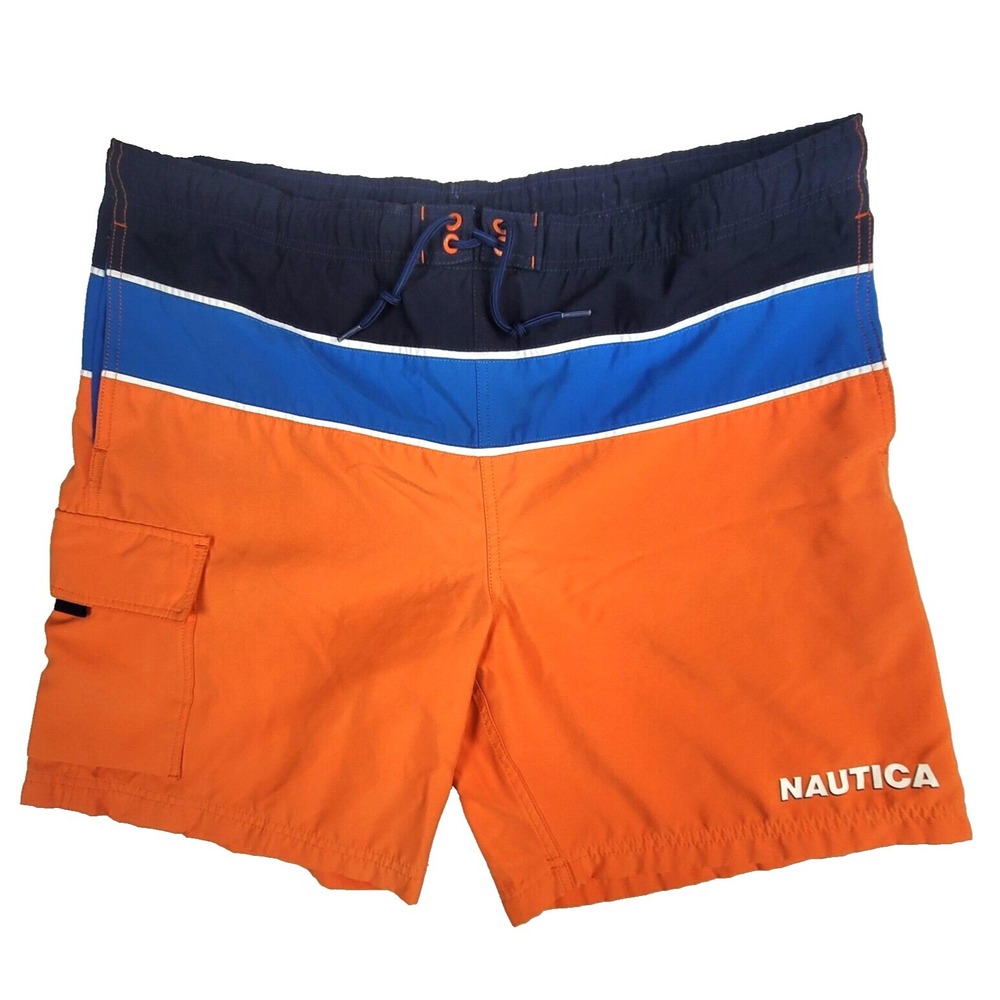 Nautica Mens Swim Trunks Large Orange Blue Stripe Mesh Lined Quick Dry Pocket